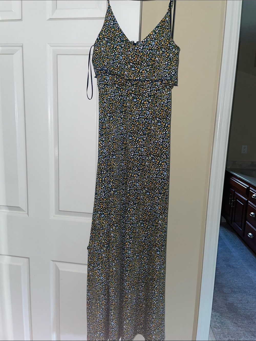Michael Kors Spaghetti-Strap Maxi Dress in navy with Yellow Floral Print